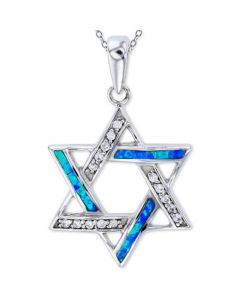 Lab-Created Blue Opal & Cubic Zirconia Star of David 18" Pendant Necklace in Sterling Silver