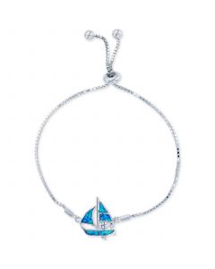 Lab-Created Blue Opal Sailboat Bolo Bracelet in Sterling Silver