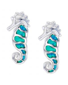 Lab-Created Blue Opal Seahorse Stud Earrings in Sterling Silver