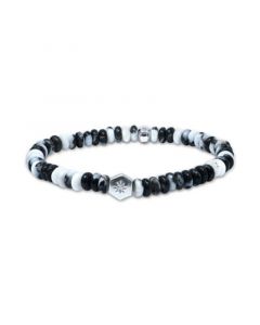 Black & White Agate Rondelle & White Topaz Accent Stretch Bracelet in Sterling Silver