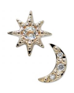 White Topaz Accent Star & Moon Mismatch Stud Earrings in 14k Gold