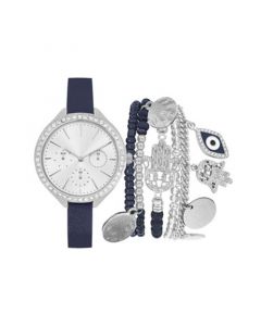 Women's Analog Navy Strap Watch 34mm with Silver-Tone Evil Eye Bracelets Set