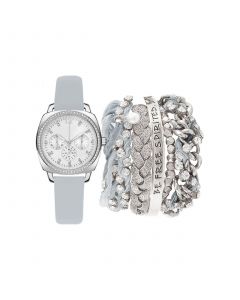 Women's Analog Gray Strap Watch 34mm with Silver-Tone Chain Bracelets Set