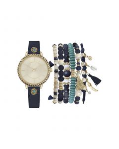 Women's Analog Navy Strap Watch 32mm with Gold-Tone and Turquoise Beaded Bracelets Set