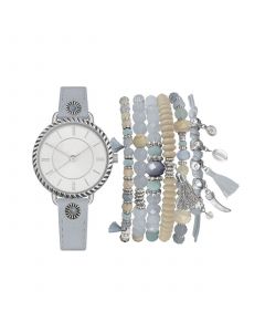 Women's Analog Gray Strap Watch 32mm with Beaded Bracelets Set