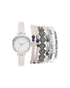 Women's Analog Blush Strap Watch 28mm with Silver-Tone Stackable Bracelets Set