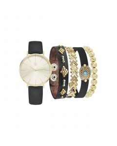 Women's Analog Black Strap Watch 36mm with Black and Gold-Tone Bracelets Set