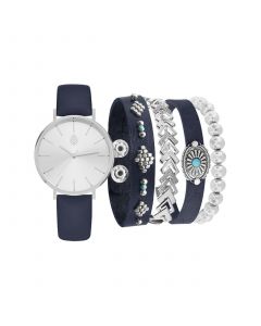 Women's Analog Navy Strap Watch 36mm with Navy and Silver-Tone Bracelets Set