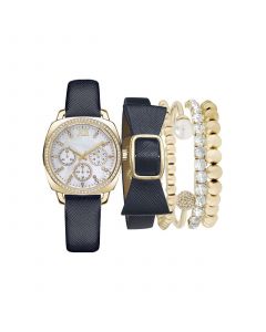 Women's Analog Navy Strap Watch 34mm with Navy and Gold-Tone Bracelets Set