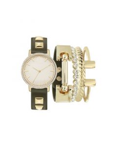 Women's Analog Olive Strap Watch 34mm with Gold-Tone Metal Bracelets Set