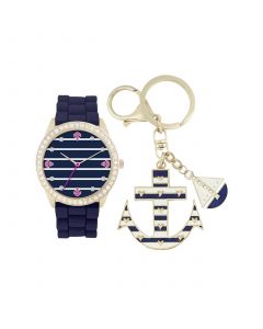 Women's Analog Navy Sailor Strap Watch 34mm with Anchor and Boat Key Chain Cubic Zirconia Gift Set