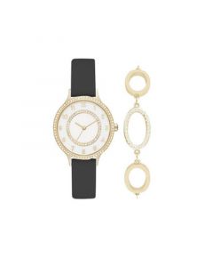 Women's Analog Black Strap Watch 34mm with Gold-Toned Cubic Zirconia Crystal Bracelet Gift Set