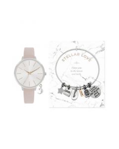 Women's Analog Blush Strap Watch 38mm with Stellar Love Charm Bracelet Cubic Zirconia Gift Set