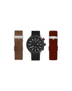 Men's Analog Black Strap Watch 45mm with Burgundy, Brown and Black Interchangeable Straps Set