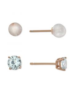 2-Pc. Cubic Zirconia & Rose Quartz Stud Earrings in Rose Gold-Plated Sterling Silver, Created for Macy's