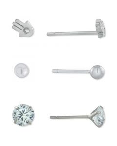 3-Pc. Set Cubic Zirconia, Hamsa Hand, & Polished Ball Stud Earrings in Sterling Silver, Created for Macy's