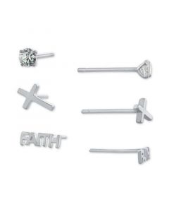 3-Pc. Set Cubic Zirconia & Faith-Themed Stud Earrings in Sterling Silver, Created for Macy's