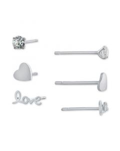 3-Pc. Set Cubic Zirconia & Love-Themed Stud Earrings in Sterling Silver, Created for Macy's