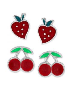 Children's 2-Pc. Set Enamel Strawberry & Cherry Stud Earrings in Sterling Silver