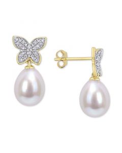 Cultured Freshwater Pearl (8-1/2mm) & Diamond (1/8 ct. t.w.) Butterfly Stud Earrings in 14k Gold