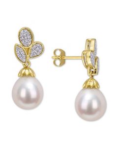 Cultured Freshwater Pearl (9mm) & Diamond (1/5 ct. t.w.) Drop Earrings in 10k Gold