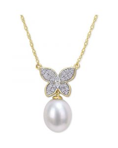 Cultured Freshwater Pearl (9mm) & Diamond (1/5 ct. t.w.) Butterfly 17" Pendant Necklace in 10k Gold