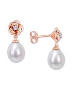 Cultured Freshwater Pearl (8-1/2mm) & Lab-Created White Sapphire (1/8 ct. t.w.) Rose Drop Earrings in 18k Rose Gold-Plated Sterling Silver