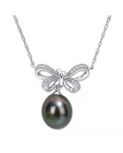 Black Cultured Tahitian Pearl (9-1/2-10mm) & Diamond (1/10 ct. t.w.) Bow 17" Pendant Necklace in 10k White Gold (Also in Pink Cultured Freshwater Pearl & White South Sea Cultured Pearl)