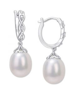 Cultured Freshwater Pearl (8mm) & Diamond Accent Dangle Hoop Earrings in Sterling Silver