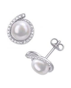 Cultured Freshwater Pearl (8mm) & Diamond Accent Stud Earrings in Sterling Silver