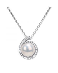 Cultured Freshwater Pearl (8mm) & Diamond Accent Halo 18" Pendant Necklace in Sterling Silver