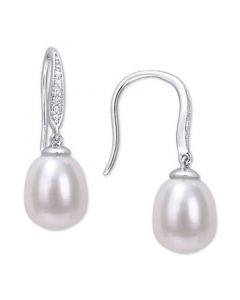 Cultured Freshwater Pearl (8-1/2mm) & Diamond Accent Drop Earrings in Sterling Silver