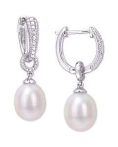 Cultured Freshwater Pearl (8mm) & Diamond Accent Dangle Hoop Drop Earrings in Sterling Silver