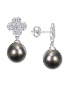 Black Cultured Tahitian Pearl (10mm) & Diamond (1/5 ct. t.w.) Flower Drop Earrings in 14k White Gold