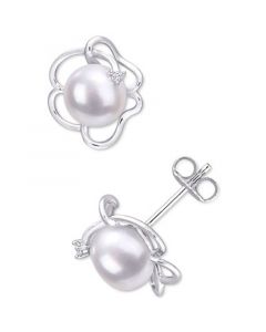 Cultured Freshwater Pearl (7-1/2mm) & Lab-Created White Sapphire Accent Flower Stud Earrings in Sterling Silver