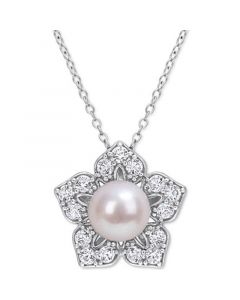 Cultured Freshwater Pearl (8-1/2mm) & Lab-Created White Sapphire (1-1/3 ct. t.w.) Flower 18" Pendant Necklace in Sterling Silver