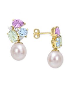 Cultured Freshwater Pearl (9mm) & Multi-Gemstone (4-3/4 ct. t.w.) Drop Earrings in 18k Gold-Plated Sterling Silver