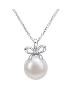 Cultured Freshwater Pearl (12mm) & Lab-Created White Sapphire Accent Bow 18" Pendant Necklace in Sterling Silver