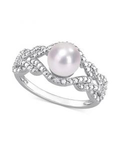 Cultured Freshwater Pearl (7mm) & Diamond Accent Openwork Ring in Sterling Silver