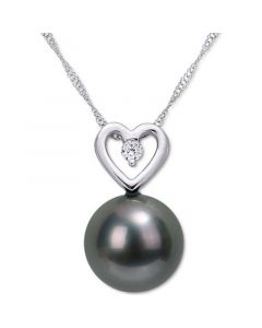 Black Cultured Tahitian Pearl (9-1/2mm) & Diamond (1/20 ct. t.w.) Heart 17" Pendant Necklace in 10k White Gold