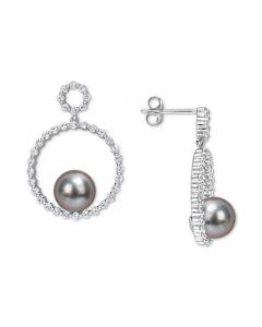 Black Cultured Tahitian Pearl (8mm) & White Sapphire (1-1/10 ct. t.w.) Circle Drop Earrings in 10k White Gold