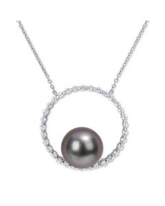 Black Cultured Tahitian Pearl (9-1/2mm) Circle 17" Pendant Necklace in 10k White Gold