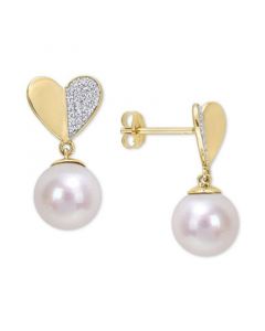 Cultured Freshwater Pearl (8-1/2mm) & Diamond (1/6 ct. t.w.) Heart Drop Earrings in 14k Gold