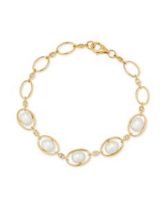 Cultured Freshwater Pearl (7-7-1/2mm) & White Topaz (1/5 ct. t.w.) Oval Link Bracelet in 14k Gold-Plated Sterling Silver