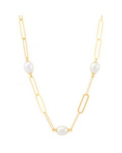 Cultured Freshwater Pearl (9 x 7mm) Paperclip Link 17" Statement Necklace in 14k Gold-Plated Sterling Silver