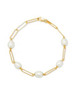 Cultured Freshwater Pearl (9 x 7mm) Paperclip Link Bracelet in 14k Gold-Plated Sterling Silver