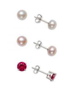 3-Pc. Set Gray & White Cultured Freshwater Pearl (6mm) & Lab-Created Blue Sapphire Stud Earrings in Sterling Silver (Also in Pink & White Cultured Freshwater Pearl & Lab-Created Red Sapphire)