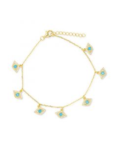 Cubic Zirconia & Nano Turquoise Evil Eye Charm Bracelet in 14k Gold-Plated Sterling Silver