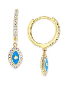 Cubic Zirconia & Blue Enamel Evil Eye Dangle Hoop Earrings in 14k Gold-Plated Sterling Silver