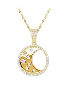 Cubic Zirconia Crescent Moon Disc 18" Pendant Necklace in 14k Gold-Plated Sterling Silver